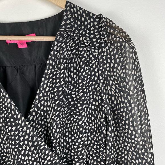 Betsey Johnson Heart Print Mini Dress Faux Wrap Ruffle Chiffon Whimsigoth Glam - Picture 7 of 10